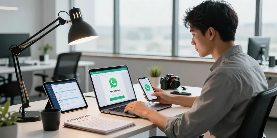 Engaged professional downloading WhatsApp下載 on a sleek laptop in a modern tech workspace.