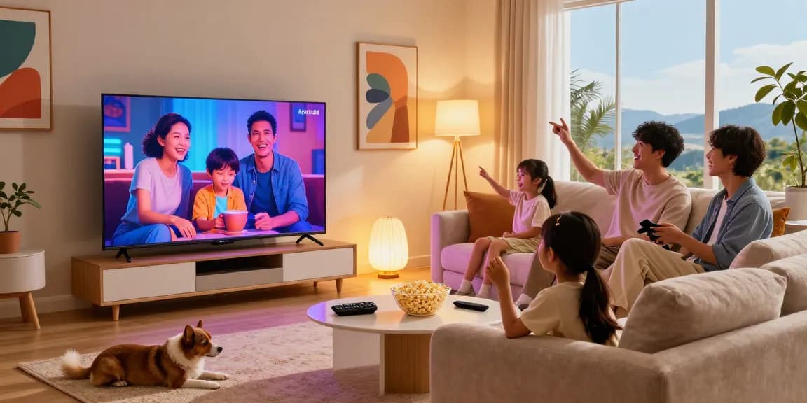 Family enjoying a movie night on a Samsung Micro RGB TV in a vibrant living room.
