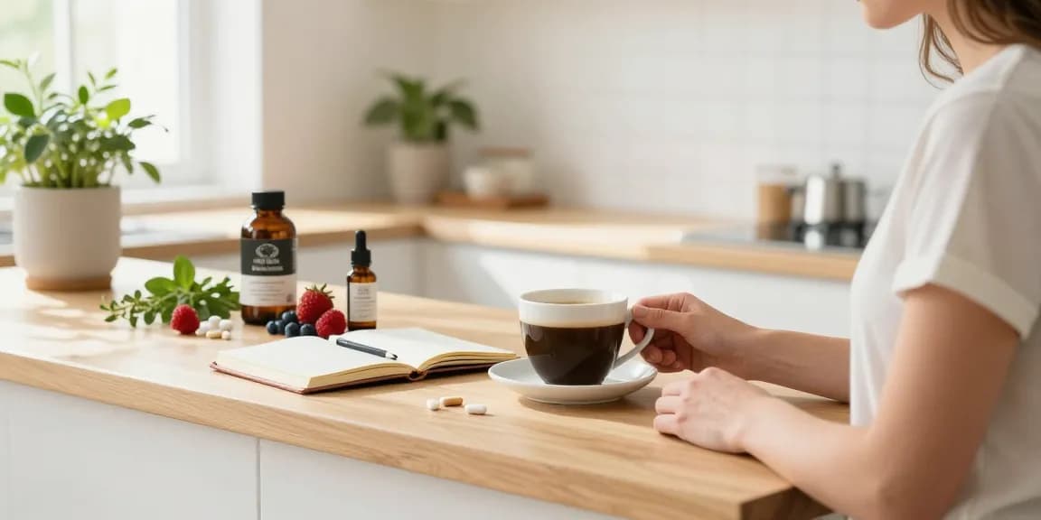 CBD Coffee by Hempworx in a bright kitchen, showcasing a healthy morning ritual with organic ingredients and wellness products.
