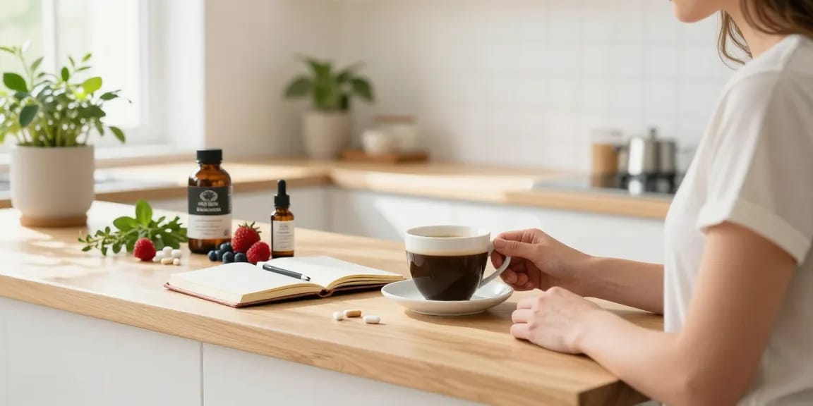CBD Coffee by Hempworx in a bright kitchen, showcasing a healthy morning ritual with organic ingredients and wellness products.