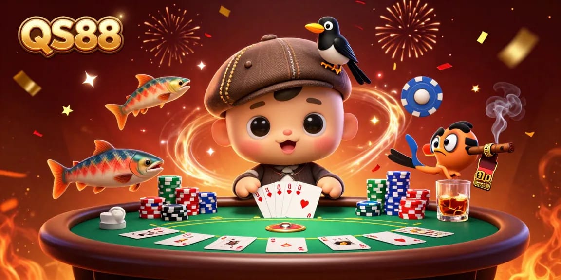 Experience thrilling gaming action at QS88 with a vibrant poker scene featuring animated characters.