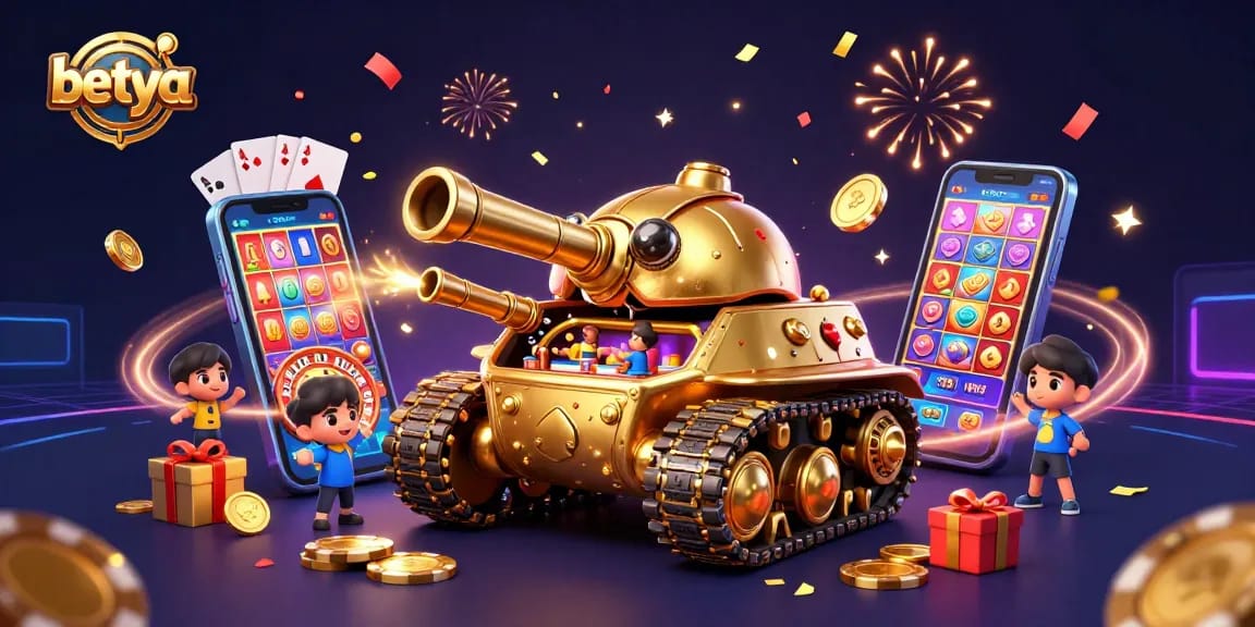 Experience the excitement of gambling with Betya's animated casino-themed illustration featuring dynamic 3D elements.