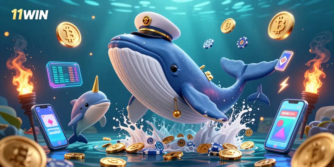 Experience the vibrant world of 11WIN where a whale and friends engage with crypto coins and poker chips.