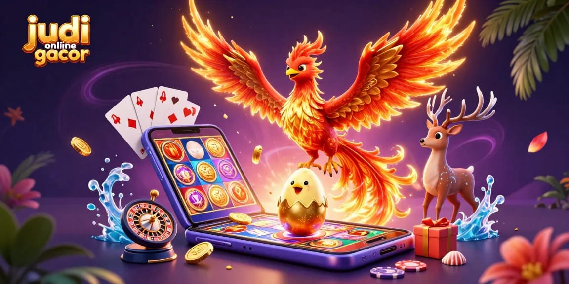 Menggandakan kemenangan judi online gacor dengan slot dan simbol berkilauan dalam ilustrasi 3D naratif.