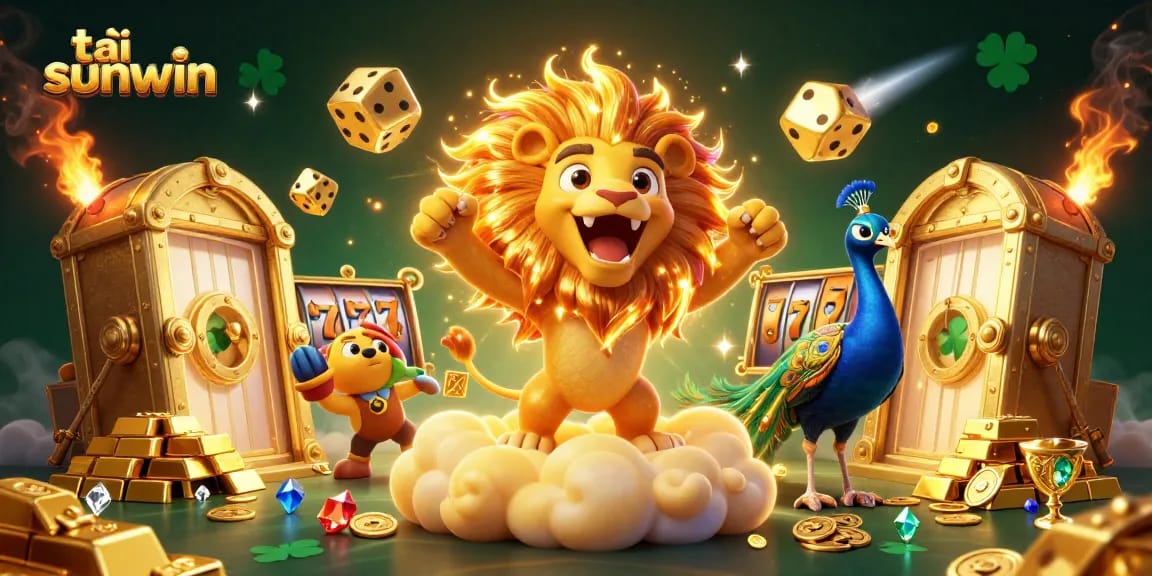 Experience the excitement of tải sunwin with a vibrant 3D casino illustration of a roaring sun lion.