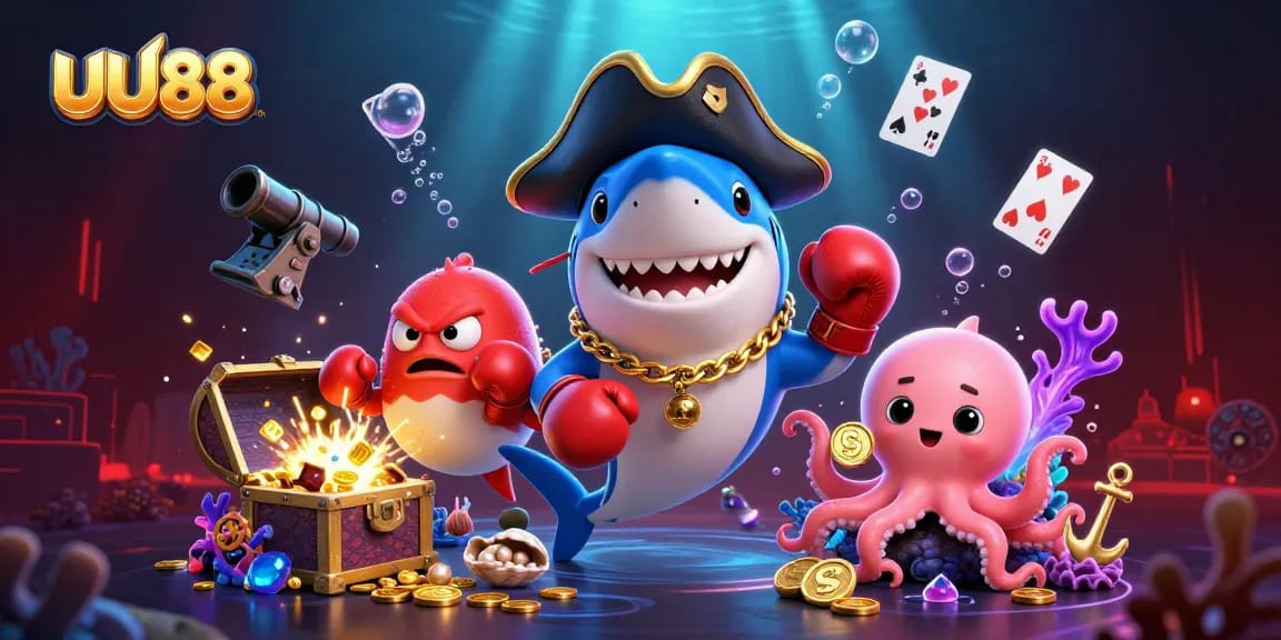 UU88 casino scene with a pirate shark, pufferfish, and octopus surrounded by treasures and gaming elements.