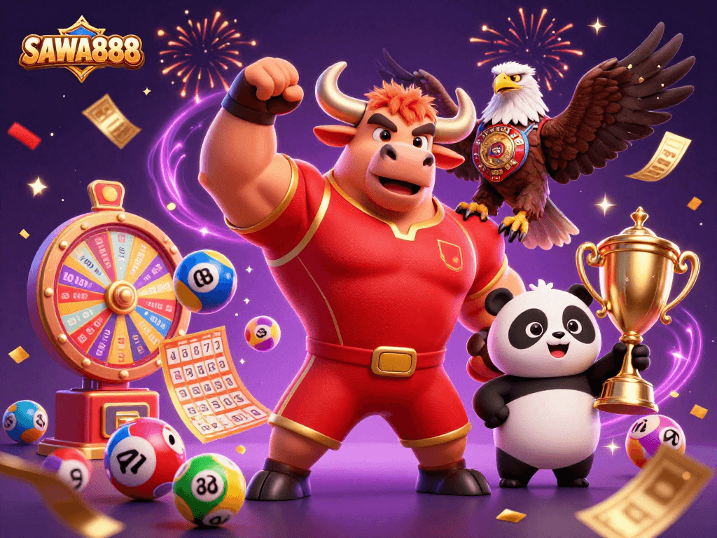 Play exciting slots on SAWA888 with a lively illustration depicting bull mascot, trophy, and lottery elements.