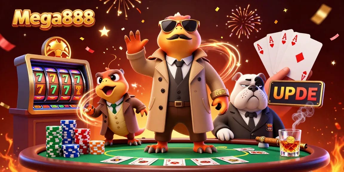 Experience mega888's thrilling gaming facade with comedic raptors trying to enter a casino VIP lounge.