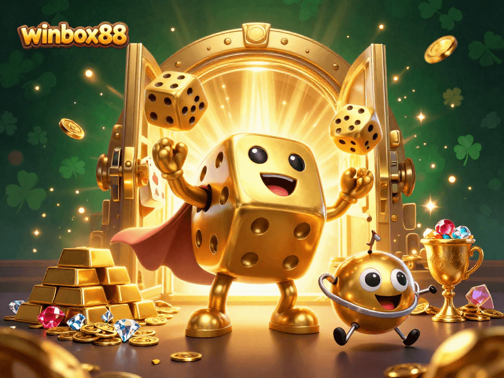 Experience thrilling gaming action with winbox88's golden dice golem, surrounded by treasure and casino elements.