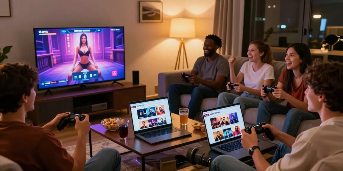 Group enjoying an engaging HTML porn game experience in a cozy living room setting, showcasing friendship and entertainment.