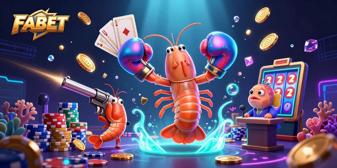 FABET showcases dynamic gambling action with vibrant underwater characters amidst cascading gems.