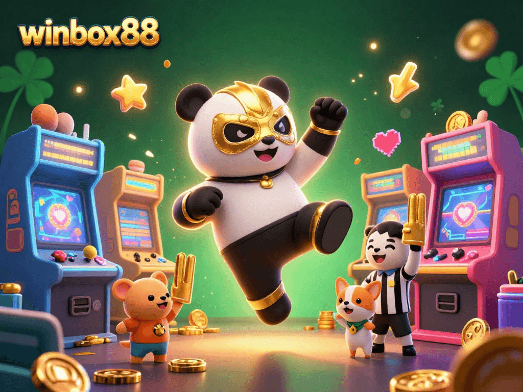 Winbox88 scene featuring a panda wrestler in action at a vibrant casino-themed arcade.