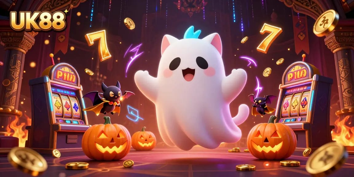 Experience the excitement of UK88 with a ghost cat and glowing poker jack-o-lanterns in a haunted casino scene.