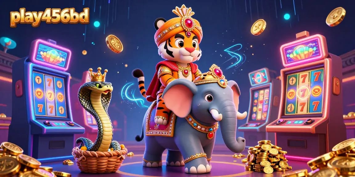 Engage with play456bd's vibrant casino experience featuring a maharaja tiger, elephant, and cobra.