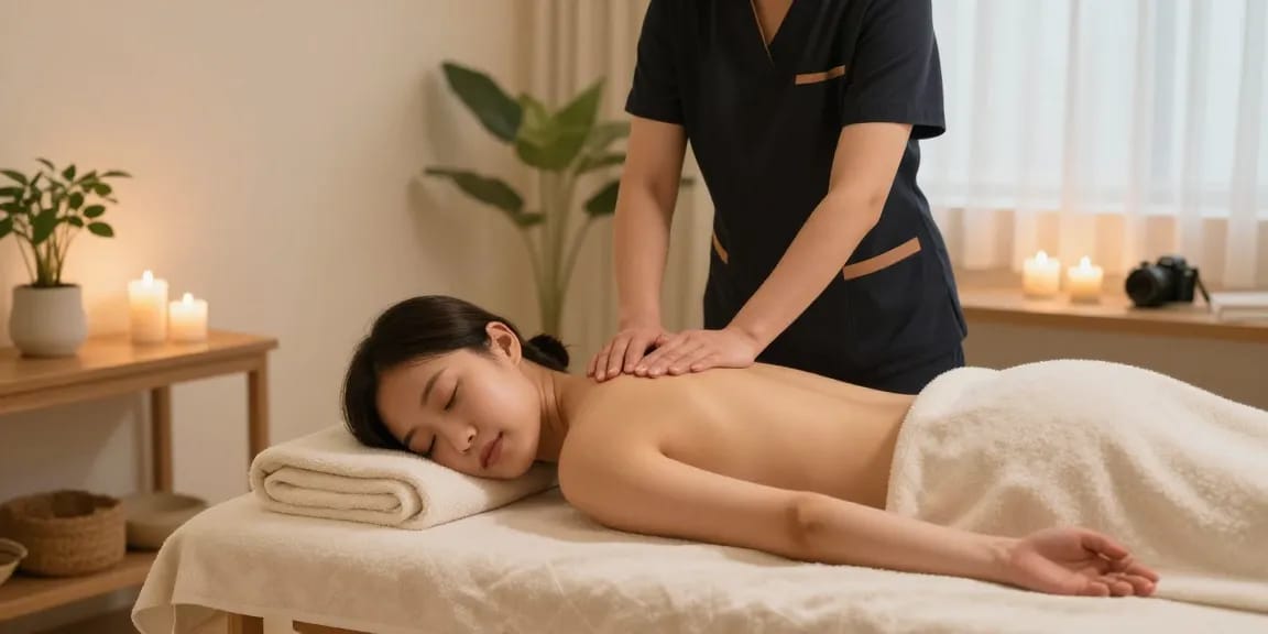 Relaxing 역삼동출장마사지 in a serene home spa setting with soft lighting and soothing ambiance.