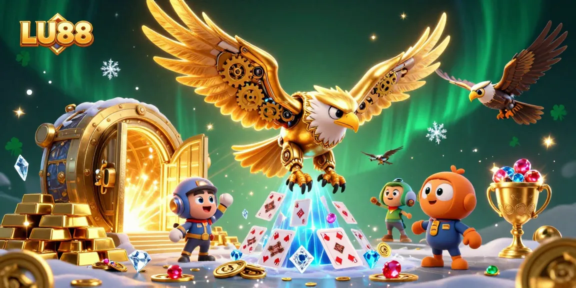 LU88 showcases vibrant 3D illustration with a golden eagle diving through playing cards.
