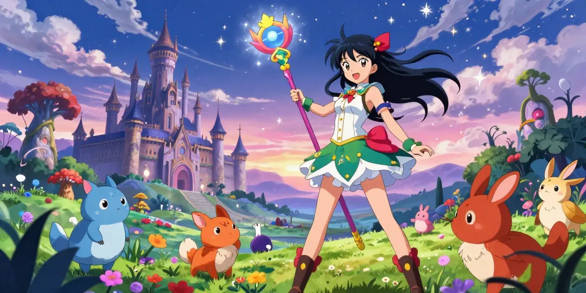 An enchanting ecchi ai scene depicting a spirited anime character amidst a fantasy landscape, whimsical creatures, and magical elements.
