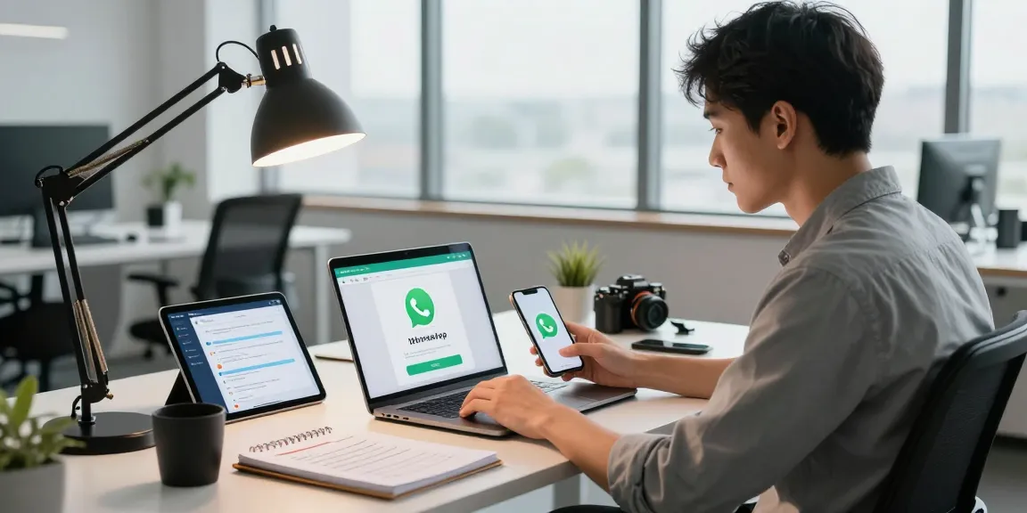 Engaged professional downloading WhatsApp下載 on a sleek laptop in a modern tech workspace.