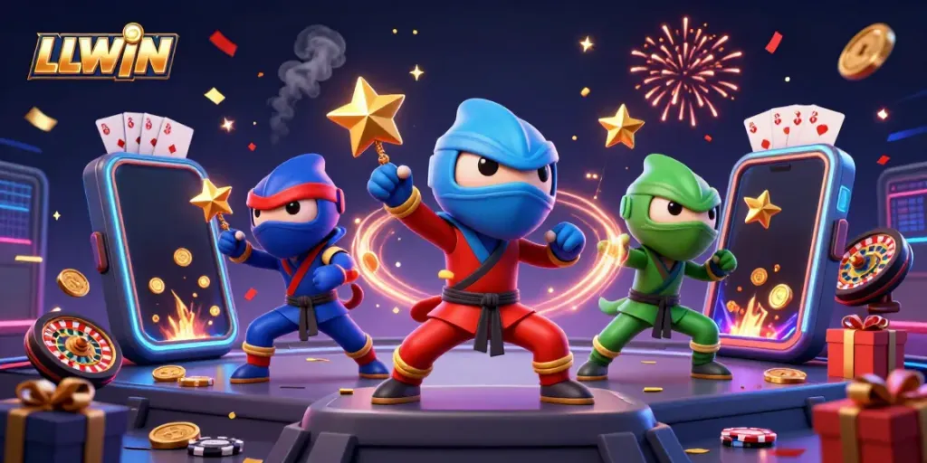 LLWIN showcases a thrilling 3D casino scene with ninja chameleons and vibrant gaming elements.