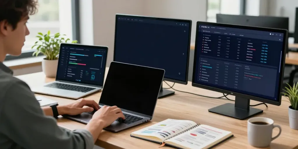 Digital marketer optimizing content for instant indexing in a modern office.