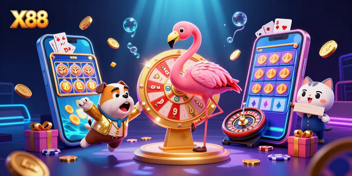 X88 engages players with a vibrant game show illustration featuring a flamingo host, excited bulldog contestant, and exciting gambling elements.