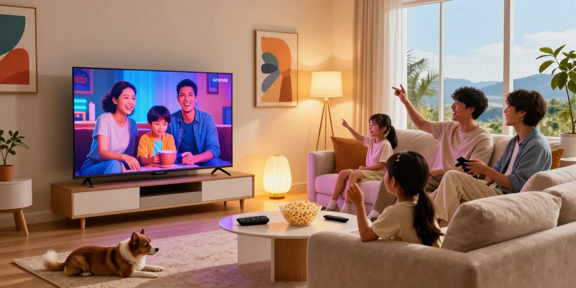 Family enjoying a movie night on a Samsung Micro RGB TV in a vibrant living room.