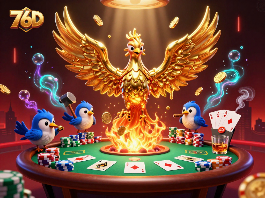 Ganhe em 76D com um fênix dourada e assistentes avós em uma cena de cassino vibrante.