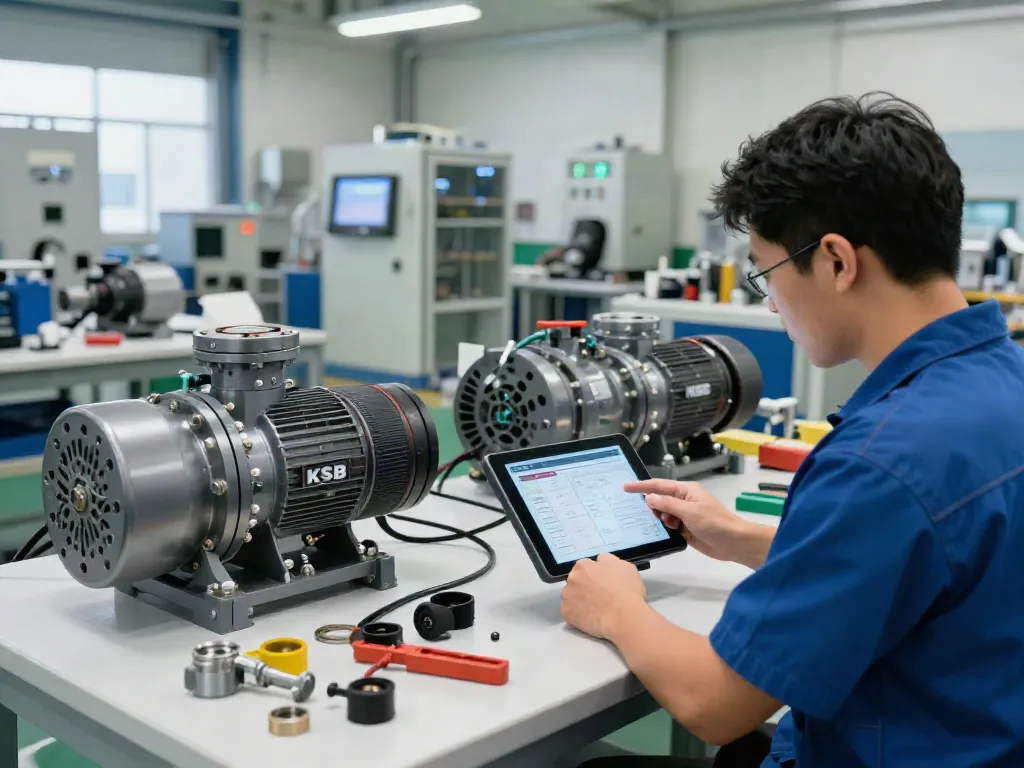 Bombas KSB Venezuela en una instalación industrial, mostrando un técnico evaluando datos de rendimiento.