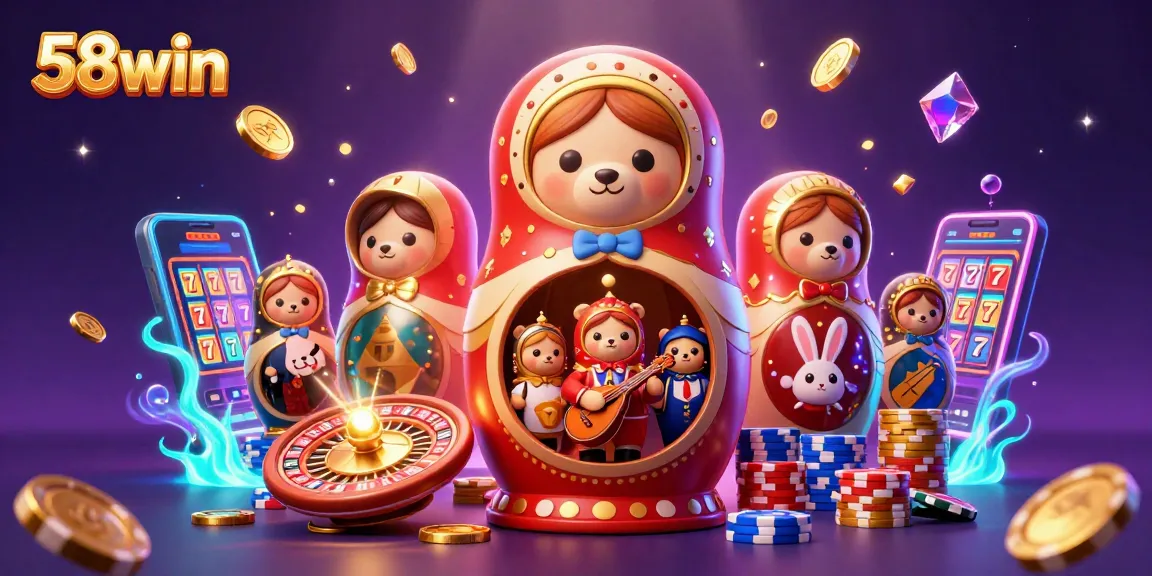 Engage with the vibrant world of 58win online gaming, featuring colorful characters, casino elements, and jackpots.