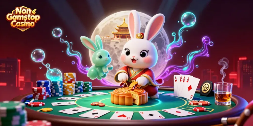Engage with Non Gamstop Casino illustrations featuring a playful moon rabbit revealing poker chips, showcasing vibrant gaming elements.