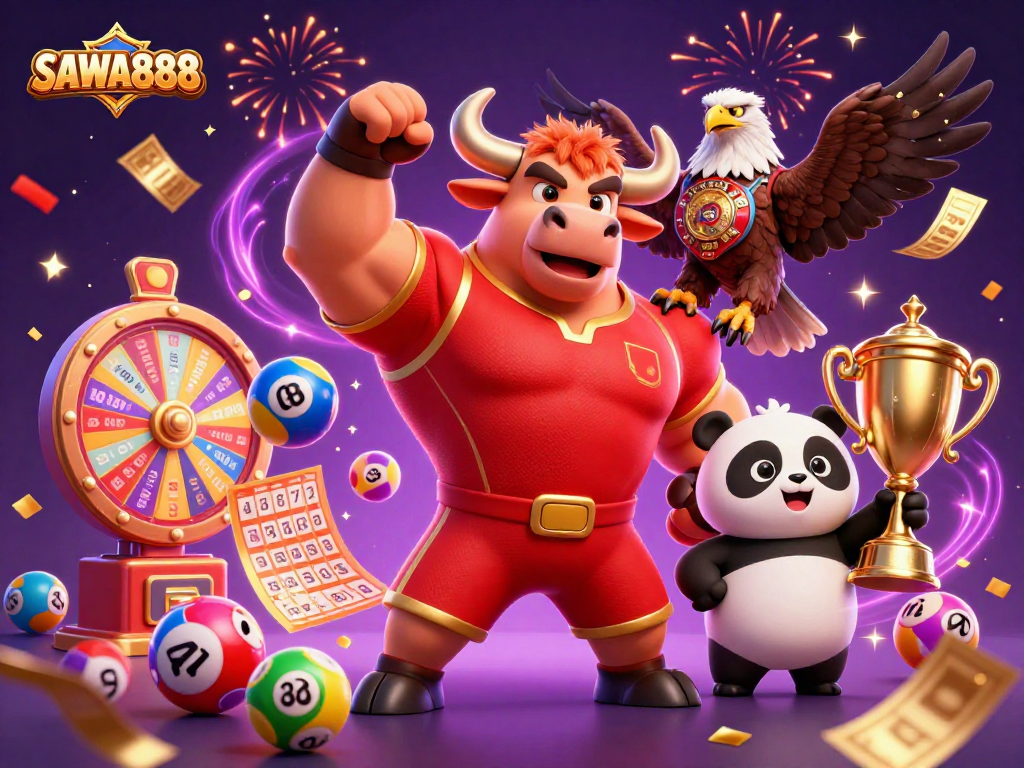 Play exciting slots on SAWA888 with a lively illustration depicting bull mascot, trophy, and lottery elements.