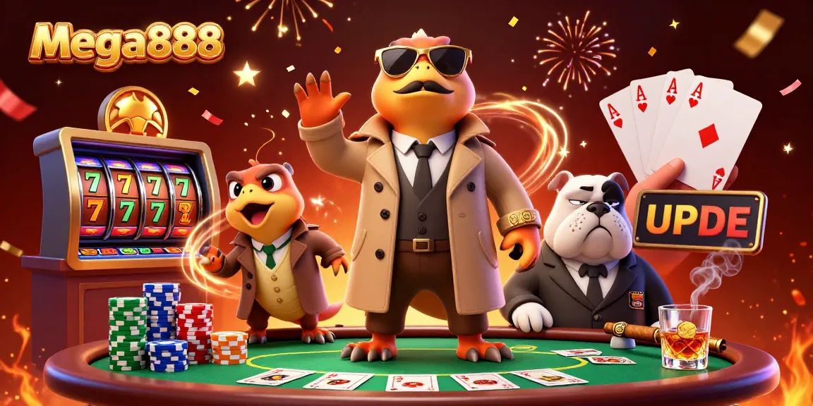 Experience mega888's thrilling gaming facade with comedic raptors trying to enter a casino VIP lounge.