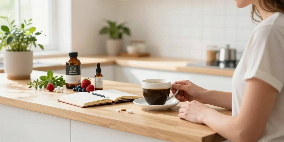 CBD Coffee by Hempworx in a bright kitchen, showcasing a healthy morning ritual with organic ingredients and wellness products.