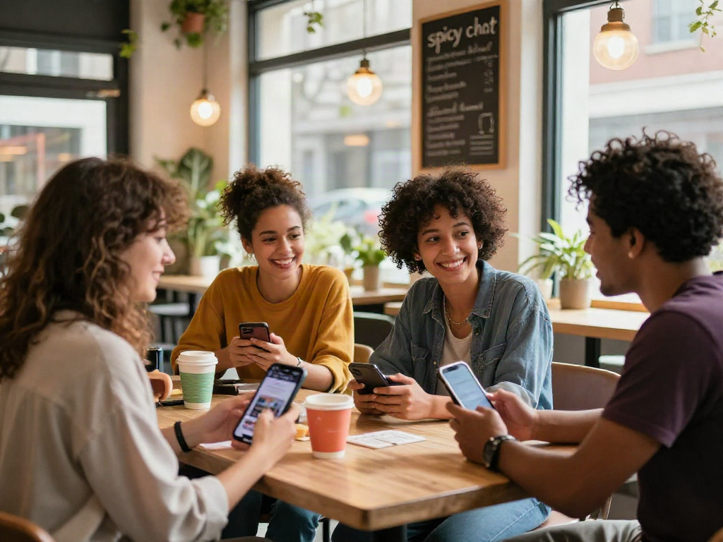 Diverse friends enjoying spicy chat over coffee in a vibrant café setting, surrounded by lively decor.