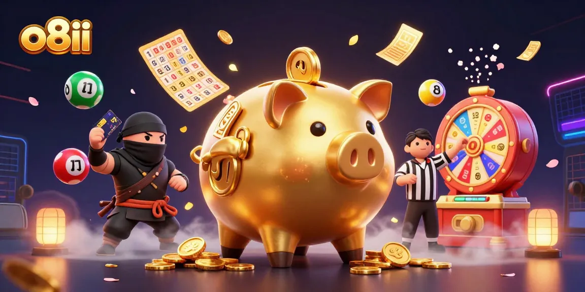 Experience thrilling gameplay with o8ii's vibrant casino scene featuring a golden piggy bank and action elements.