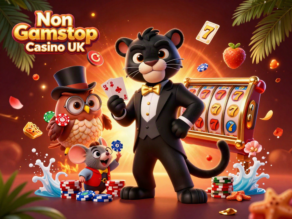 Experience excitement at a Non Gamstop Casino UK with a cartoon black panther dealing cards and festive casino elements.