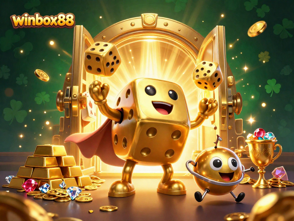 Experience thrilling gaming action with winbox88's golden dice golem, surrounded by treasure and casino elements.