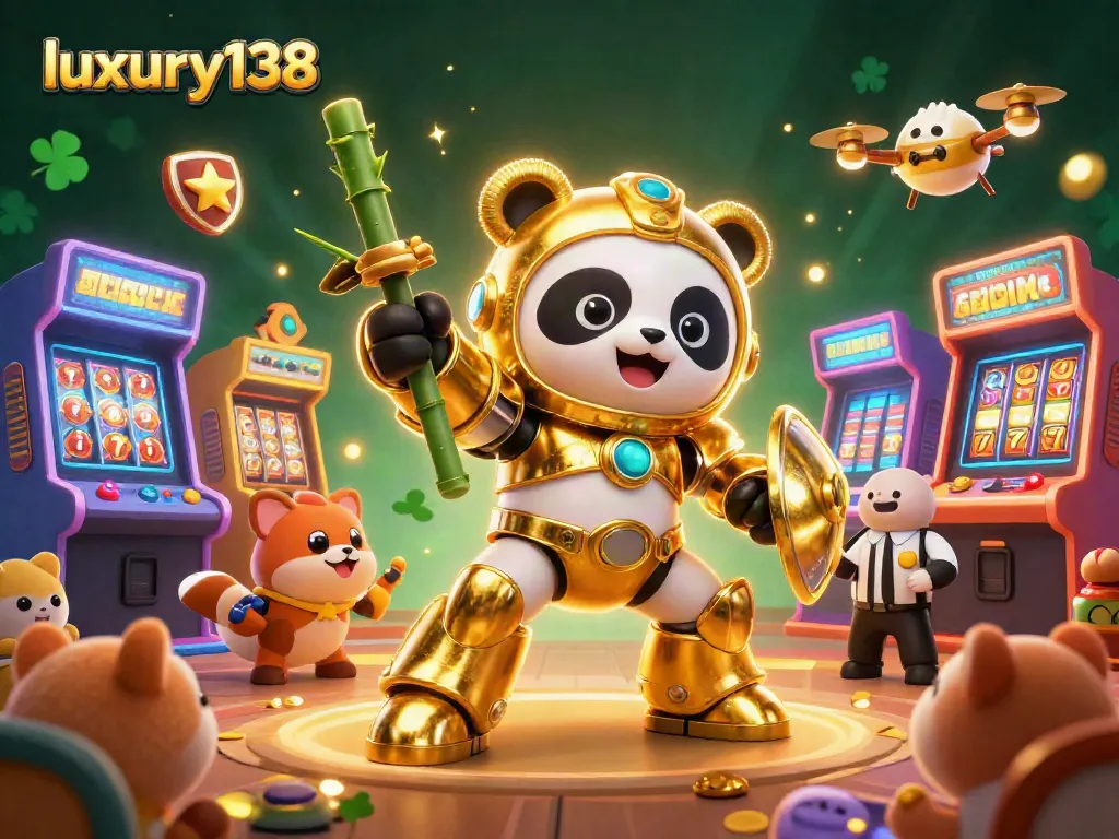 Experience the excitement of luxury138 with a golden panda in a mech-suit amidst vibrant casino elements.