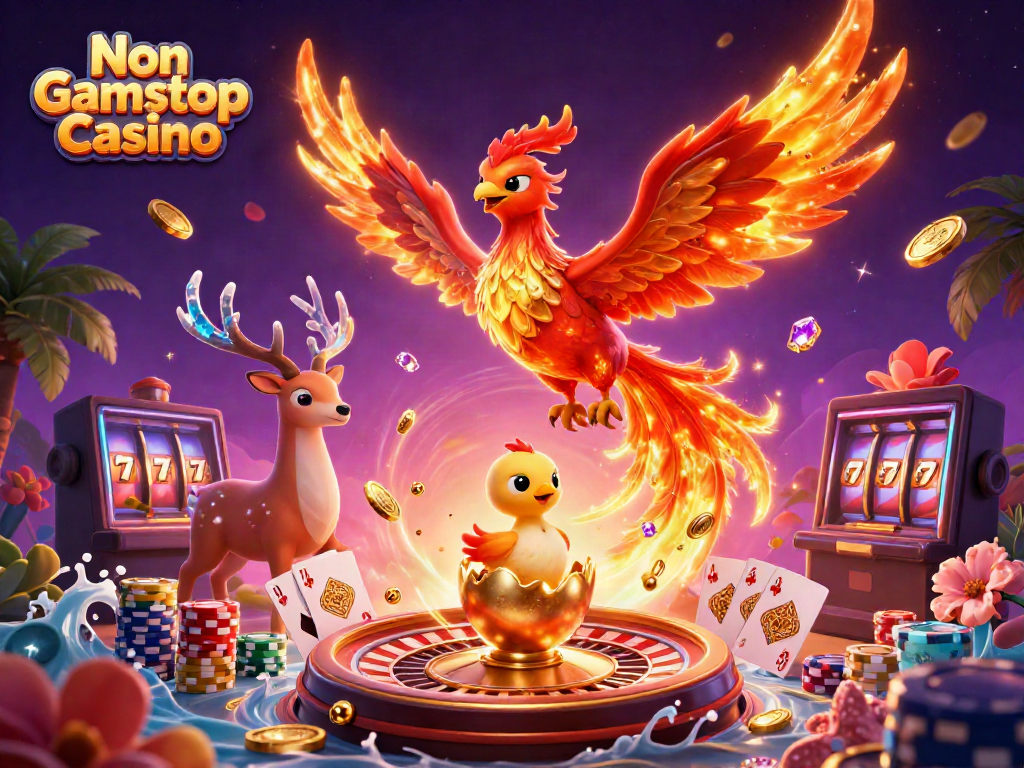 Engage with Non Gamstop Casino offerings in an enchanting casino scene featuring vibrant 3D elements.