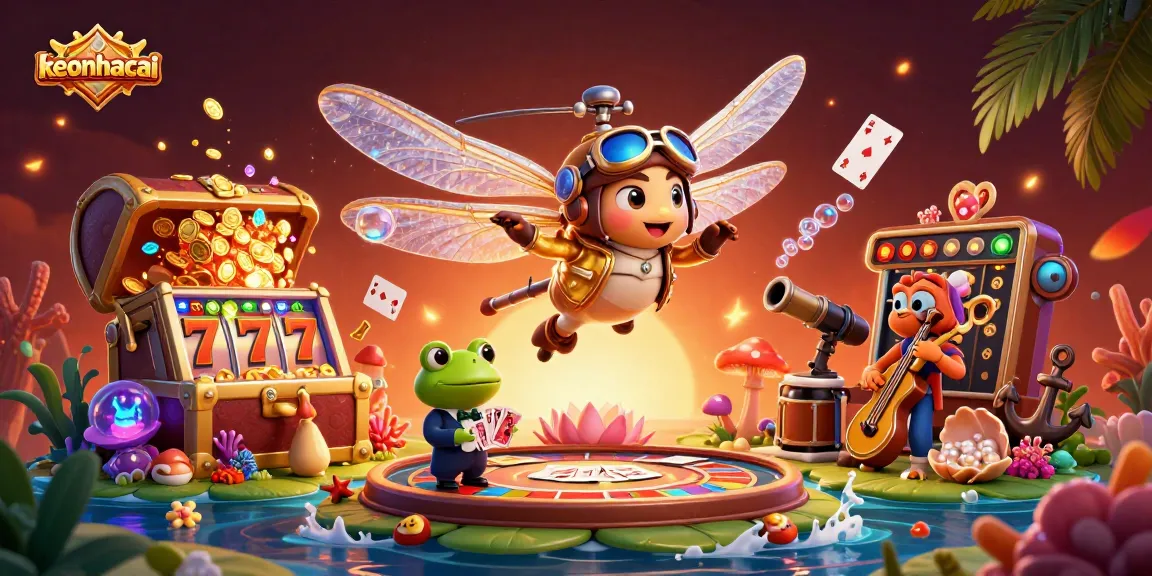Experience exciting keonhacai gaming activities with vibrant dragonfly pilots and frog card dealers.