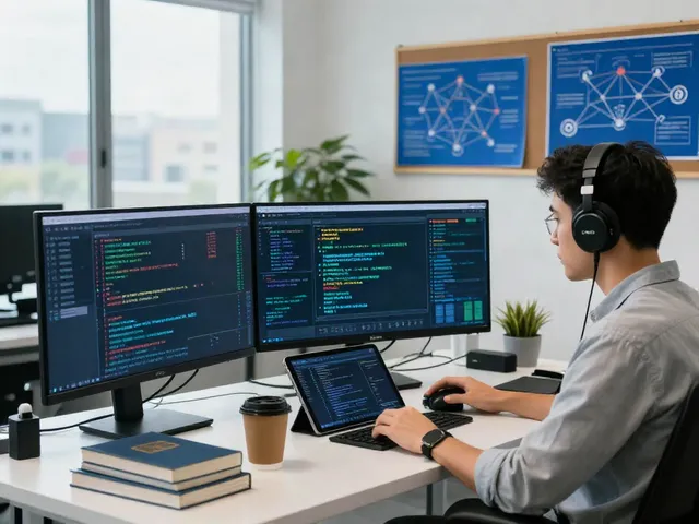 Blockchain investigation analyst reviewing digital transactions in a modern lab setting, highlighting forensic technology.