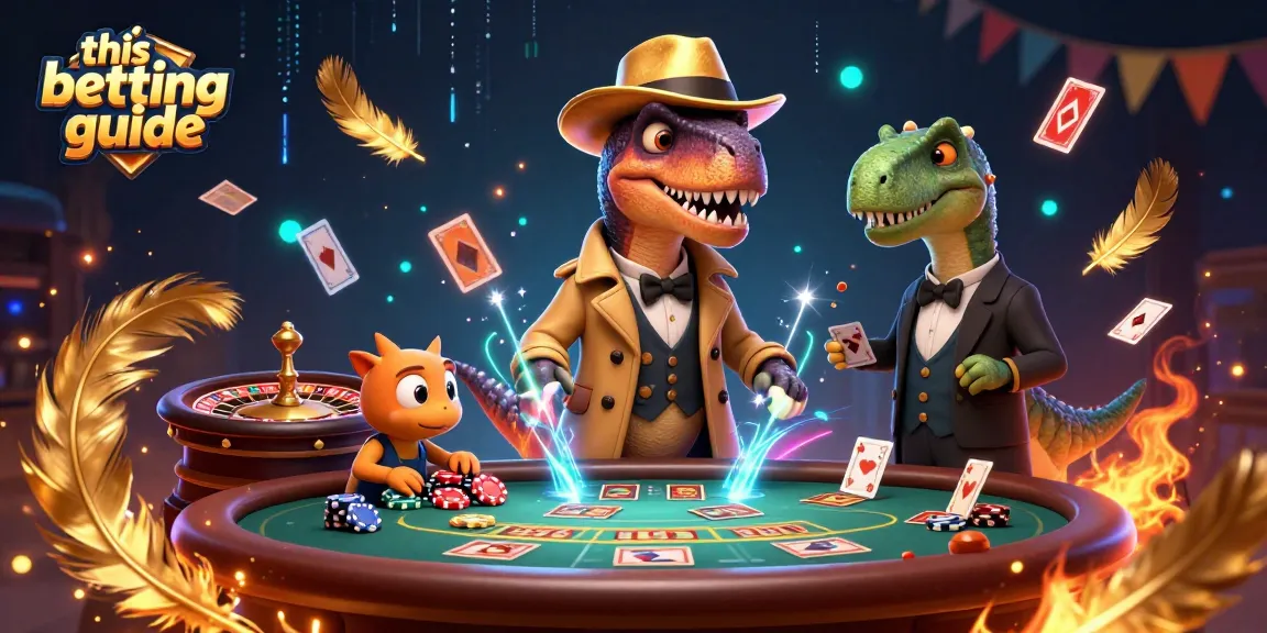 Engage with this betting guide at a vibrant casino scene featuring a velociraptor card counter and treasures.