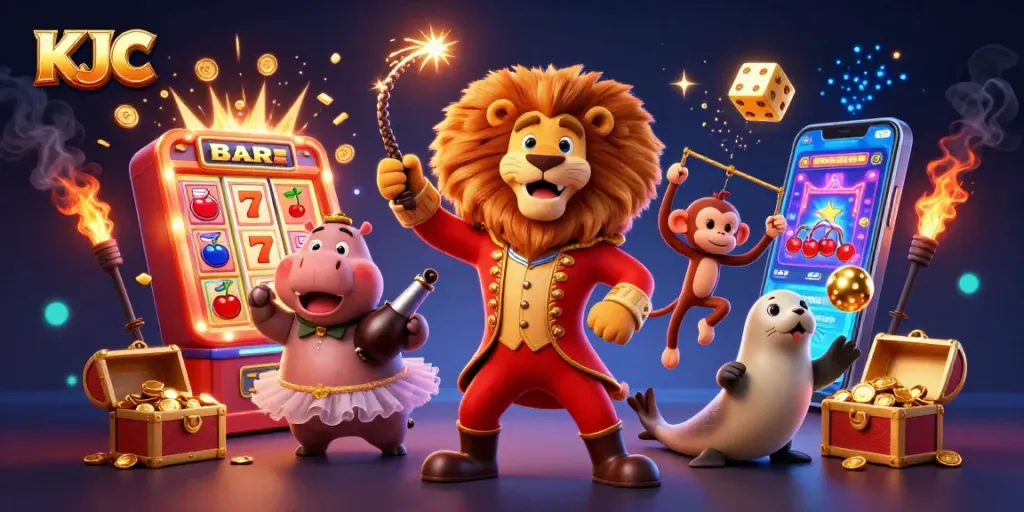 Engage with KJC's vibrant casino scene featuring lively characters and exciting gaming elements.