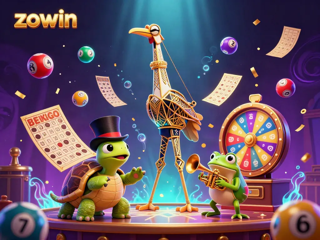Zowin displays vibrant casino excitement at a speakeasy with colorful lottery elements, a flapper crane, and a top-hat turtle.