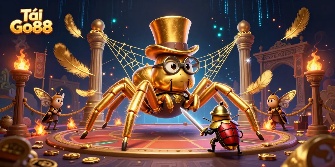 Engage in Tải Go88 with a vibrant 3D scene featuring a golden tarantula and beetle knight in action.