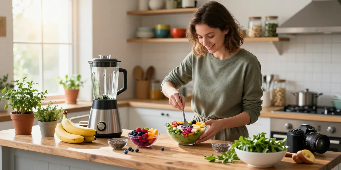 www.koiaminos.com healthy smoothie bowl preparation in a bright home kitchen.