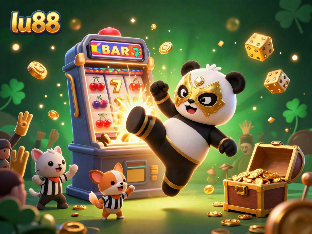 Experience the excitement of lu88 with a dynamic 3D illustration showcasing a panda wrestler, slot machine action, and thrilling casino elements.