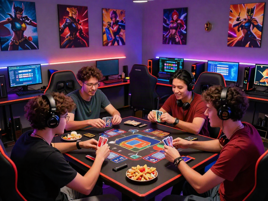 Friends enjoying an energetic gaming session at a modern setup featuring http://11bet-app.net/ on their screens.