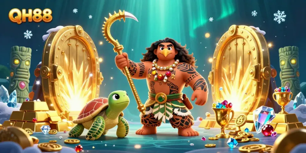 Engage with QH88's vibrant casino scene showcasing demigod and treasure elements.