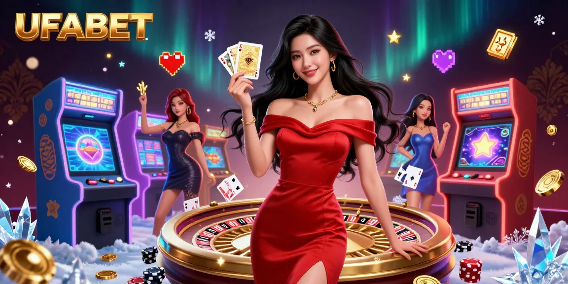Play exciting games at UFABET with a stunning illustration of a young Asian woman in a casino setting.
